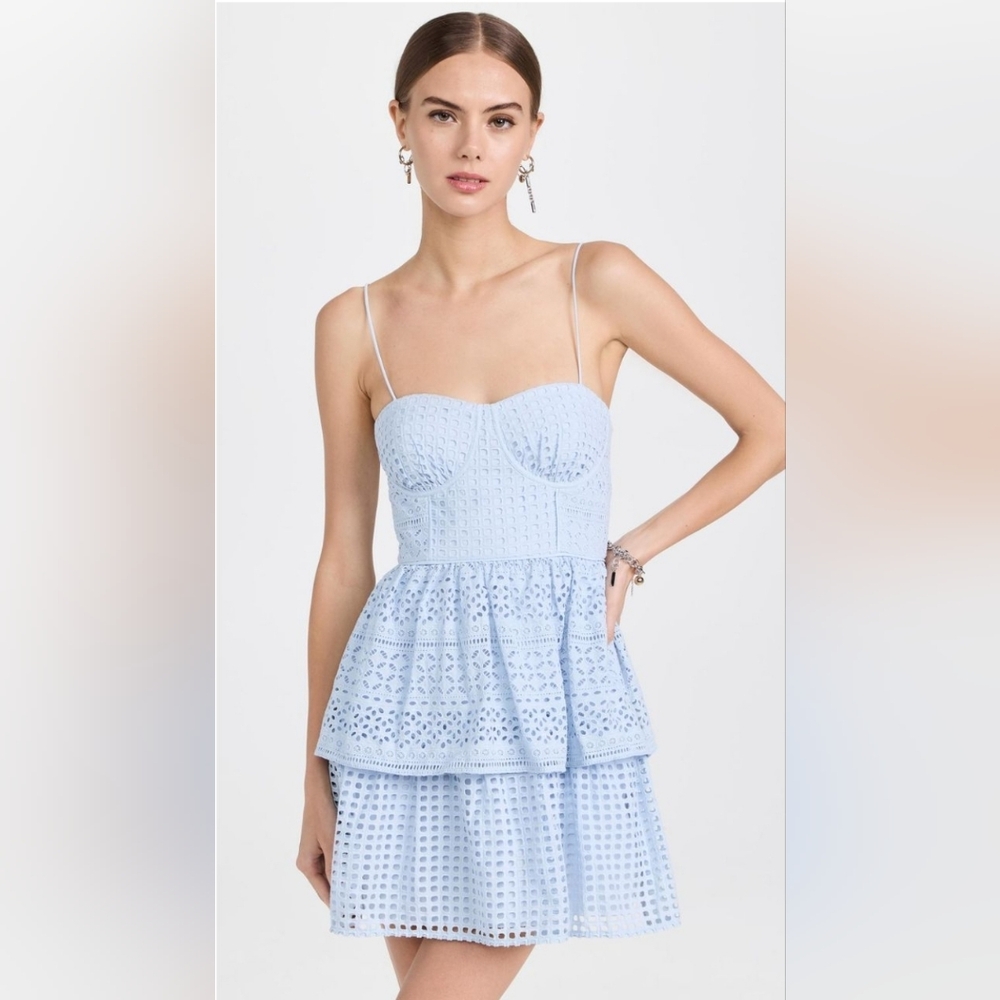 Self Portrait Light Blue Cotton Broderie Anglaise Mini Dress